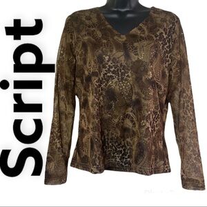 Script Brown Floral Glittery Print Long Sleeve Semi-Sheer blouse